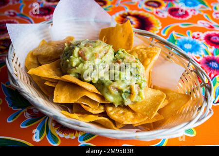 Nachos avec guacamole. Les nachos sont un plat d'origine mexicaine, composé de morceaux de friture de tortilla de maïs couverts d'un fromage spécial. Banque D'Images