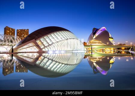 Valence, Espagne - 17 février 2022: Ciutat des Arts i les Ciencies Architecture moderne de Santiago Calatrava la nuit à Valence, Espagne. Banque D'Images