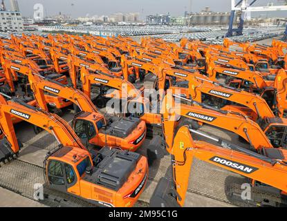 YANTAI, CHINE - le 17 JANVIER 2023 - Un grand nombre de camions destinés à l'exportation sont assemblés pour être expédiés au port de Yantai, dans la province de Shandong, en Chine orientale Banque D'Images