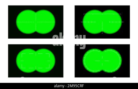 Ensemble de modèles de vue binoculaire avec échelles et fond de chromatons vert. Instrument optique d'armée, de chasse, de découverte ou de tourisme pour l'espionnage, la grossissement, la recherche, le suivi. Illustration vectorielle Illustration de Vecteur