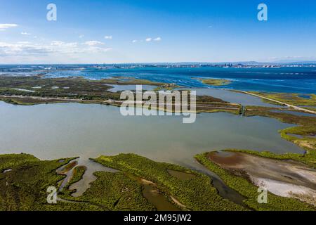 Port-Saint-Louis-du-Rhône (sud-est de la France) : vue aérienne de la plage "plage Napoléon" sur les rives de la Méditerranée, longue étendue de san Banque D'Images