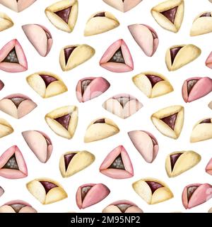 Motif Purim sans couture avec biscuits hamantaschen aquarelle aux couleurs beige et rose sur fond blanc. Banque D'Images