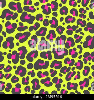 Imprimé léopard sans coutures. Motif peau de guépard fluo 80 90s. Taches noires et roses sur fond jaune vif. Vecteur Illustration de Vecteur
