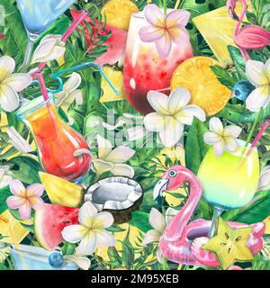 Fruits tropicaux, baies, feuilles de palmier, cocktails de plage, flamants roses. Motif aquarelle et sans couture de la collection BEACH BAR. Pour textiles, tissus Banque D'Images