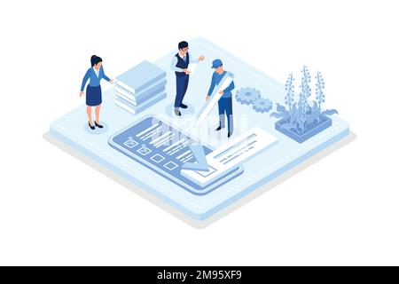 Liste de contrôle de classement des caractères sur le smartphone et l'ordinateur. Concept d'expériences utilisateur, illustration moderne à vecteur isométrique Illustration de Vecteur