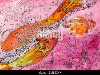 Abstraction d'aquarelle multicolore. Poisson rose et orange. Arrière-plan lumineux. Illustration. Peinture conception faite à la main. Doublure tirée à la main. Banque D'Images