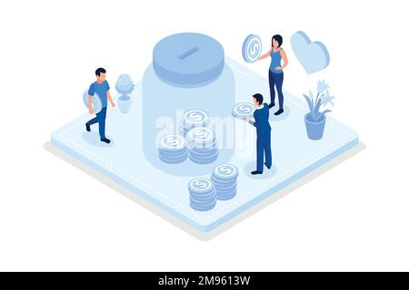 Volontaires mettant des pièces de monnaie dans la boîte de don et donnant avec la carte de crédit en ligne. Concept de soutien financier et de collecte de fonds, vecteur isométrique moderne illu Illustration de Vecteur