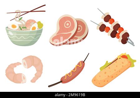 set alimentaire crevettes shawarma saucisse kebabs bol de nouilles et de viande Illustration de Vecteur