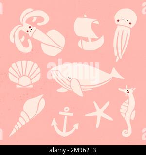 Vecteur de jeu d'animaux sous-marins dessiné à la main Illustration de Vecteur