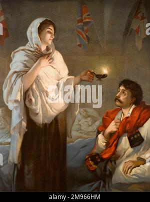 Une illustration en couleur de la 1890s représentant Florence Nightingale, infirmière anglaise et réformateur d'hôpital (1820-1910) à l'hôpital de caserne, Scutari, en 1854 pendant la guerre de Crimée, assistant à un soldat blessé alors qu'elle jette la lumière avec sa lampe infâme. Banque D'Images