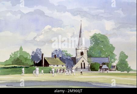 Une scène classique de cricket dans un village anglais joua sous le regard vigilant du clocher de l'église. Peinture par Malcolm Greensmith. Banque D'Images