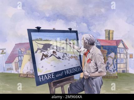 Un signaleur peint l'enseigne du pub pour le pub Hare and Hounds. Derrière lui, on peut voir d'autres exemples de son art et de signes traditionnels de taverne suspendus in situ. Peinture par Malcolm Greensmith Banque D'Images