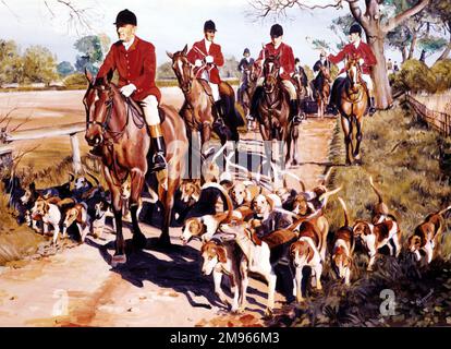 Les chasseurs de renards en vestes rouges traditionnelles font une chasse, accompagnés de leurs huards. Peinture par Malcolm Greensmith Banque D'Images