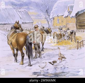 Une scène de cour de ferme en hiver, avec un agriculteur qui vérifie le virement sur une équipe de quatre chevaux en activité, tandis que les canards, les oies et les vaches boivent et se nourrissent dans la cour. Peinture aquarelle par Malcolm Greensmith Banque D'Images