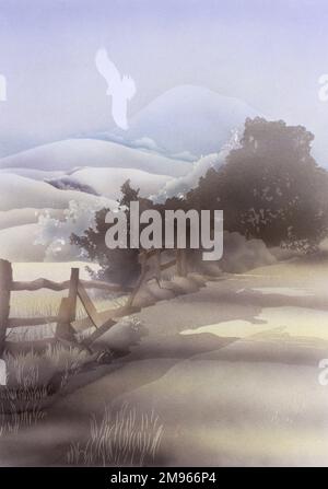 Un Buzzard visible seulement comme une silhouette blanche survole une clôture en bois cassé sur les niveaux inférieurs d'une scène de campagne vallonnée. Peinture à l'aérographe par Malcolm Greensmith Banque D'Images