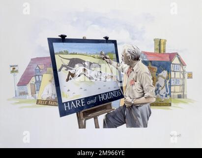 Un signaleur peint l'enseigne du pub pour le pub Hare and Hounds. Derrière lui, on peut voir d'autres exemples de son art et de signes traditionnels de taverne suspendus in situ. Peinture par Malcolm Greensmith Banque D'Images