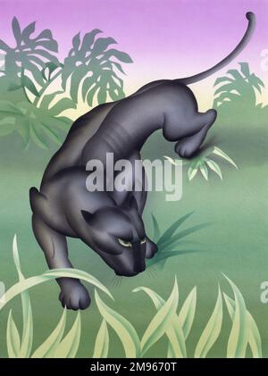 Une peinture aérographe très stylisée par Malcolm Greensmith d'un Black Panther, une jaguar mélaniste (Panthera onca), sur le promle à travers un cadre de jungle à l'éclairage tamisé. Banque D'Images