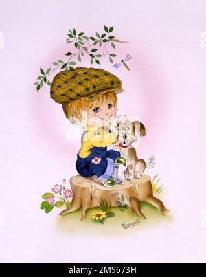 Une illustration de style caricature d'un jeune garçon avec son chien, portant une casquette plate et assis au-dessus d'une souche d'arbre. Banque D'Images