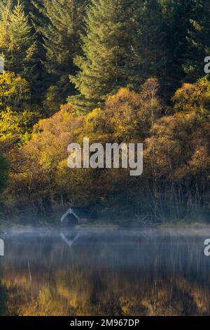 Une aube brumeuse au-dessus du Loch Chon, du Loch Lomond et du parc national de Trossachs, en Écosse Banque D'Images