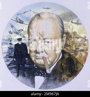 Portrait circulaire du Premier ministre britannique Winston Churchill (1874 - 1965) entouré de scènes de sa vie, y compris la bataille d'Angleterre, le Blitz et les combats pendant la Seconde Guerre mondiale. Peinture par Malcolm Greensmith Banque D'Images