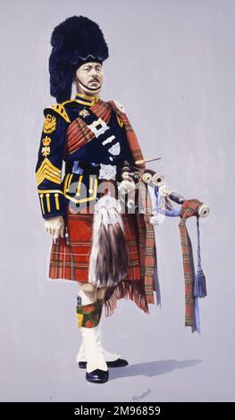 Pipe Major des Royal Scots Dragoon Guards (Carabiniers et Grays) en tenue de cérémonie complète. Peinture par Malcolm Greensmith Banque D'Images