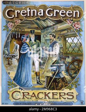 Étiquette pour une boîte de papillotes de Noël Batgers sur le thème de la destination pour les amoureux du développement, Gretna Green, le design présente un couple de la période Regency dans la forge traditionnelle du forgeron à Gretna Green. Banque D'Images