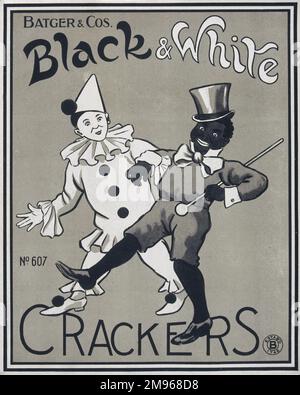 Étiquette provenant d'une boîte de papillotes de Noël noir et blanc de Batgers avec un clown ou Pierrot avec son visage peint en blanc et un animateur ou un minstrel avec son visage peint en noir. Banque D'Images