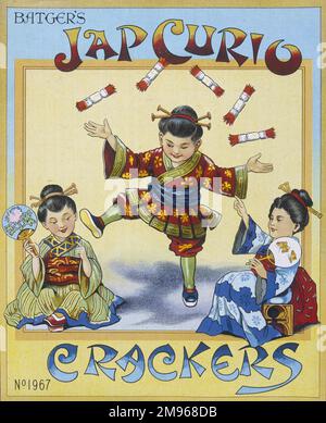 Étiquette provenant d'une boîte de papillotes de Noël Batgers JapCurio. Un trio d'enfants japonais jonglent avec des craquelins. Banque D'Images