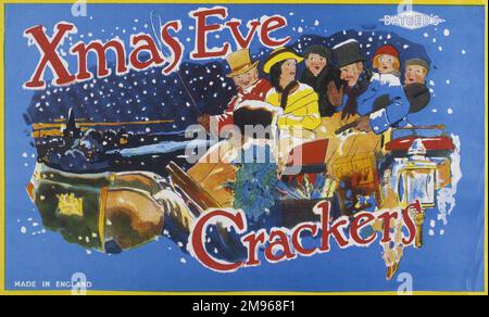 Étiquette festive pour une boîte de crackers de Noël avec un groupe de famille à cheval dans une calèche le réveillon de Noël. Banque D'Images
