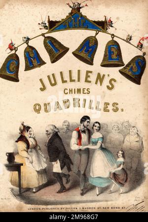 Couverture d'une feuille de musique contenant les carillons Quadrilles du chef d'orchestre français Louis Antoine Jullien, s'appuyant sur le succès du deuxième livre de Noël de Charles Dickens, les carillons, publié pour la première fois en 1844. Une scène typique de Dickens est représentée, avec des gens dansant et faisant du joyeux pendant la saison de fête. Il y a un ensemble de six grands cloches au sommet, avec des gobelins perchés sur eux et regardant vers le bas les gens. Banque D'Images