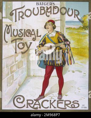 Étiquette tirée d'une boîte de biscuits Batgers Troubadour musical Toy mettant en vedette un jeune troubadour ou un minstrel de voyage en costume médiéval, jouant un luth. Banque D'Images