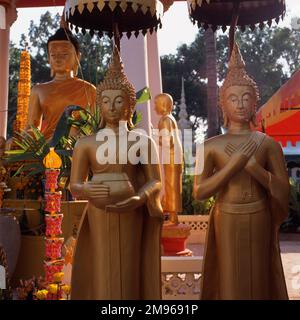 Statues d'or de Bouddhas et de Bodhisattvas (êtres éclairés) au Wat si Saket (ou Sisaketh), un temple bouddhiste à Vientiane, au Laos. Construit en 1818 dans le style siamois, c'est probablement le plus ancien temple encore debout à Vientiane. Banque D'Images