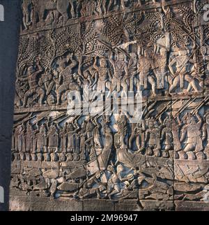 Sculptures de secours au temple bouddhiste khmer Wat Bayon à Angkor Thom, Siem Reap, Cambodge, construit à la fin de 12th et au début de 13th siècles. Les sculptures représentent des batailles qui ont lieu sur l'eau (en dessous) et sur terre (en haut). Banque D'Images