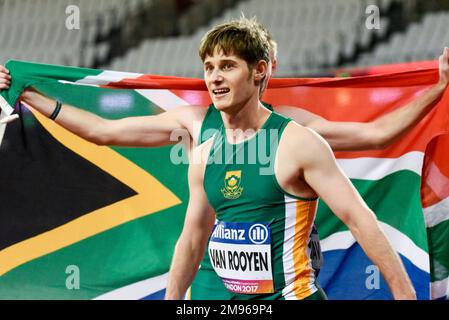 Ruhan van Rooyen après avoir participé à la classe 200m T37 des Championnats du monde d'athlétisme Para 2017 au stade de Londres, au Royaume-Uni. Athlète sud-africain Banque D'Images