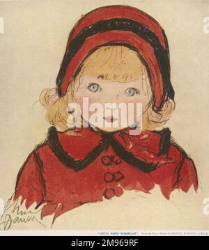 Illustration charmante d'une petite fille aux cheveux blonds et aux yeux bleus avec un manteau et un bonnet rouges assortis. Banque D'Images