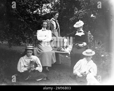 Un groupe familial de cinq sœurs édouardiennes, avec deux chats et un chien, dans un jardin quelque part à Pembrokeshire, au sud du pays de Galles. Banque D'Images