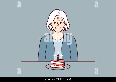 Une femme solitaire âgée s'assoit à la table avec un gâteau à la bougie et souffre de l'absence de parents et d'amis. Une grand-mère malheureuse célèbre son anniversaire seule en raison de son besoin de soutien. Image vectorielle plate Illustration de Vecteur