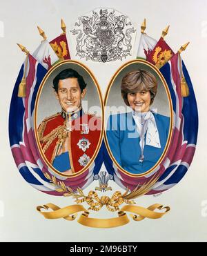 Un tableau royal de Lady Diana Spencer (1961-1997), Princesse de Galles et Prince Charles (1948-), avec cimier et drapeaux. Peut-être peint pour célébrer leur engagement. Banque D'Images