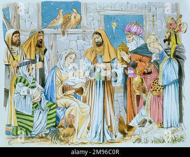 Une scène de Nativité de Noël, avec les trois Rois portant des cadeaux pour le bébé Jésus. Banque D'Images