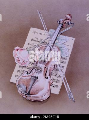 Un violon et un arc, avec une rose rose et une feuille de musique. Banque D'Images