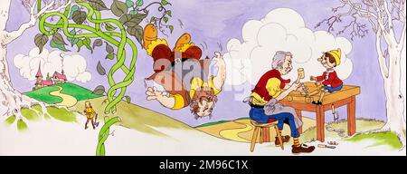 Une illustration composite de deux histoires d'enfants -- Geppetto faisant Pinocchio à une table (à droite), et le géant tombant de la Beanstalge (à gauche), regardé par Jack (au loin) qui vient de l'hacher. Banque D'Images