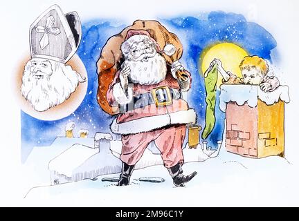 Saint Nicolas / Père Noël / Père Noël - offrir des cadeaux aux enfants du monde en grimpant les cheminées le soir de Noël Banque D'Images