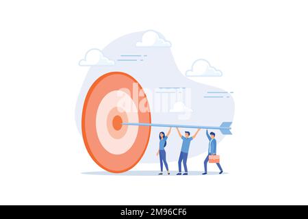 Viser l'objectif, atteindre l'objectif ou la réalisation, collaboration ou partenariat d'équipe, travail d'équipe ou concept de mission d'entreprise, homme d'affaires et femme, plat Illustration de Vecteur