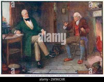 Sir Walter Scott (1771 - 1832), romancier écossais, assis et parlant avec un pauvre homme dans son chalet. Scott vivait à la maison d'Abbotsford à cette époque, dans le pays frontalier (frontières écossaises). Banque D'Images