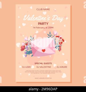 Modèle d'affiche pour la Saint-Valentin. Enveloppe fermée rose, fleurs rouges et roses feuilles vertes sur fond beige. Invitation à l'événement pour le club Illustration de Vecteur