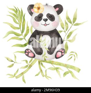 Clipart de panda de bébé aquarelle. Safari animal, bouquet de bambou, couronne de fleurs tropicales, Forest Bear clip art, douche de bébé, fête d'anniversaire d'enfants Banque D'Images