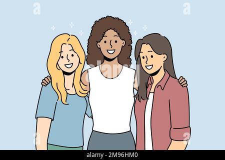 Souriant diverses filles debout ensemble embrassant montrant l'amitié et le soutien. Des femmes interraciales multiethniques heureuses. Illustration vectorielle. Illustration de Vecteur