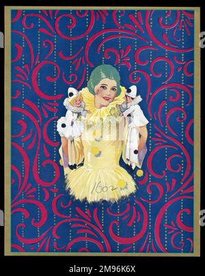 Motif boîte au chocolat, représentant une femme en costume de Pierrot jaune tenant deux poupées de Pierrot, hommes et femmes. Banque D'Images