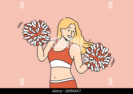 Une jeune femme surjoyée dansant en uniforme avec des pompons. Fille souriante dans les vêtements de sport qui applaudissent au jeu. Concept de meneuse de joie. Illustration vectorielle. Illustration de Vecteur