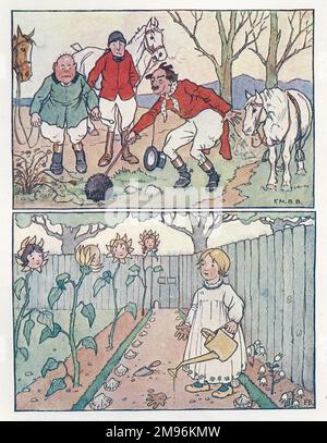 Comptine Rhymes -- deux illustrations. Trois chasseurs de renards trouvent un hérisson (ci-dessus). Marie, Marie, bien au contraire, comment votre jardin se développe-t-il ? (ci-dessous) Banque D'Images